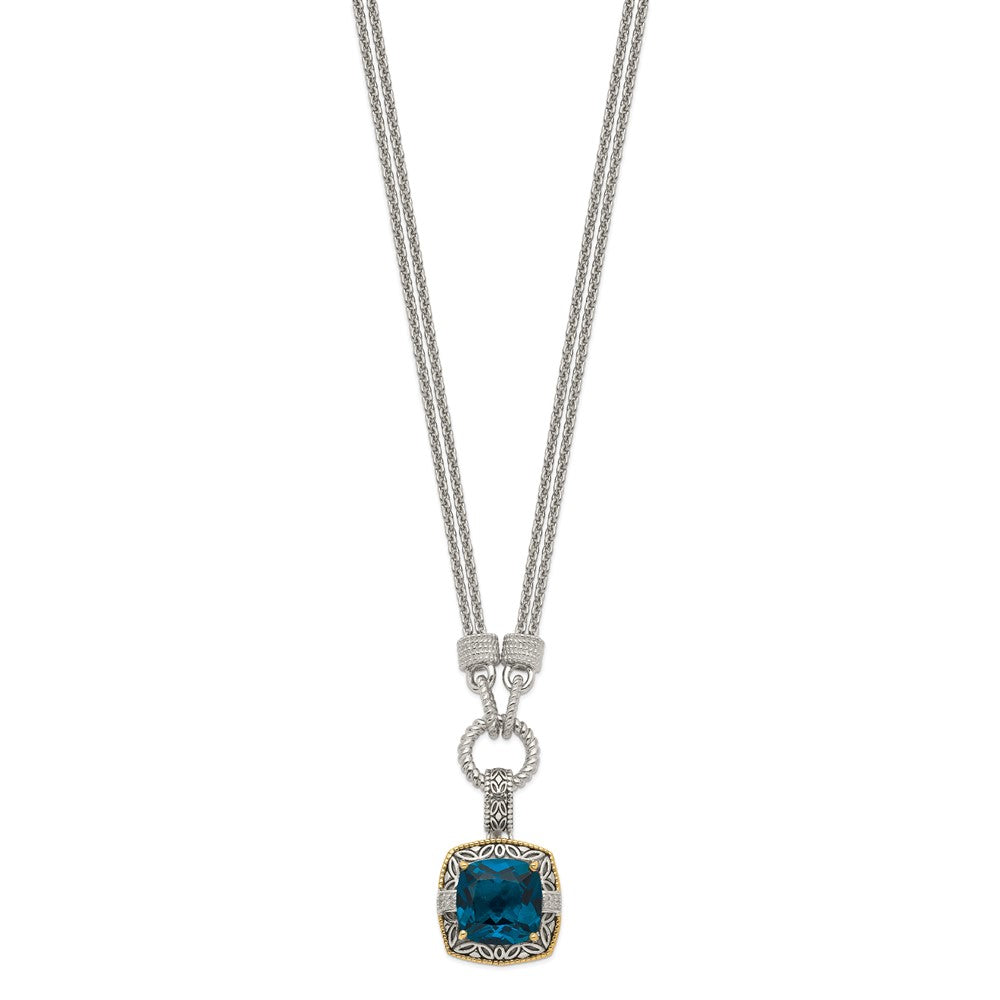 14K/Silver Two Tone Shey Couture Sterling Silver With 14K Accent 17 Inch Antiqued Cushion London Blue Topaz And Diamond Plus 1In. Ext. Necklace