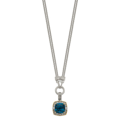 14K/Silver Two Tone Shey Couture Sterling Silver With 14K Accent 17 Inch Antiqued Cushion London Blue Topaz And Diamond Plus 1In. Ext. Necklace
