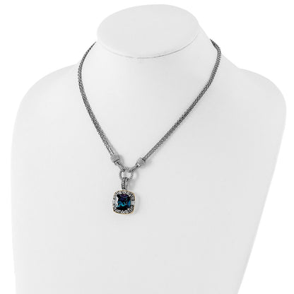 14K/Silver Two Tone Shey Couture Sterling Silver With 14K Accent 17 Inch Antiqued Cushion London Blue Topaz And Diamond Plus 1In. Ext. Necklace