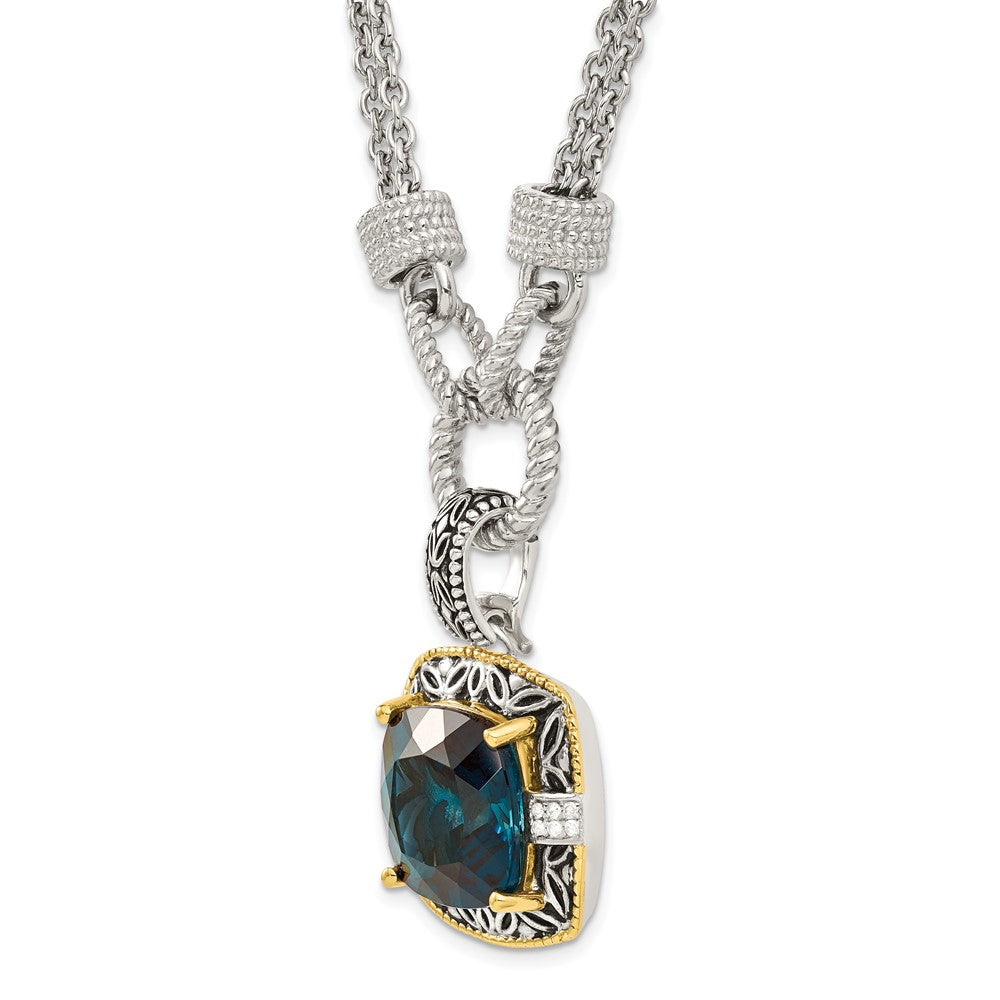 14K/Silver Two Tone Shey Couture Sterling Silver With 14K Accent 17 Inch Antiqued Cushion London Blue Topaz And Diamond Plus 1In. Ext. Necklace