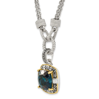 14K/Silver Two Tone Shey Couture Sterling Silver With 14K Accent 17 Inch Antiqued Cushion London Blue Topaz And Diamond Plus 1In. Ext. Necklace