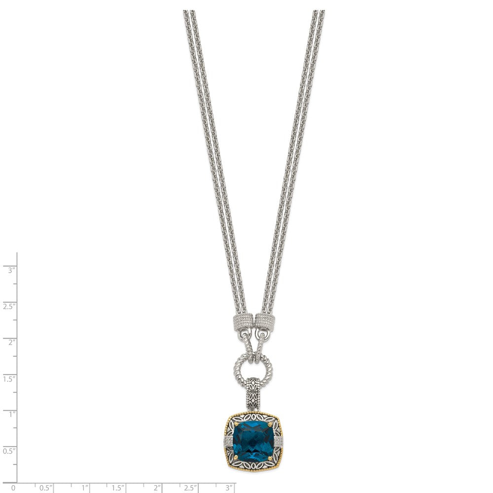 14K/Silver Two Tone Shey Couture Sterling Silver With 14K Accent 17 Inch Antiqued Cushion London Blue Topaz And Diamond Plus 1In. Ext. Necklace