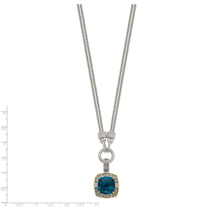 14K/Silver Two Tone Shey Couture Sterling Silver With 14K Accent 17 Inch Antiqued Cushion London Blue Topaz And Diamond Plus 1In. Ext. Necklace
