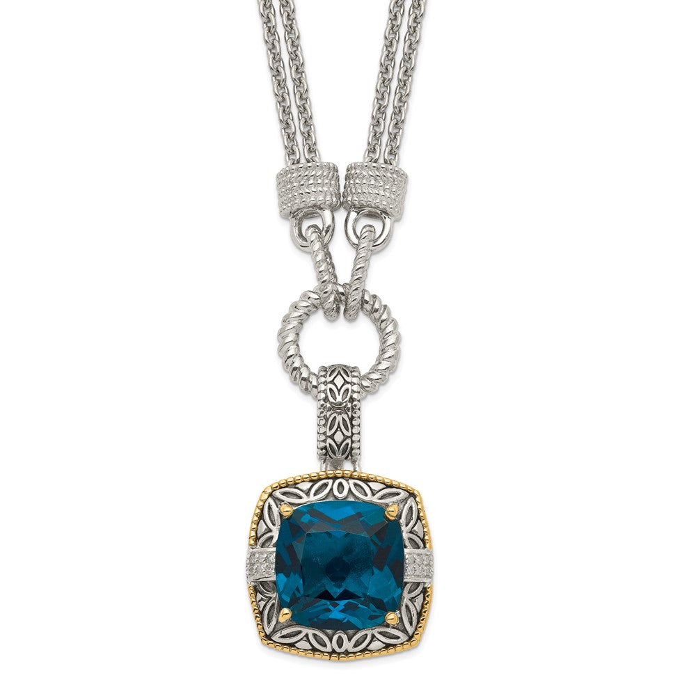 14K/Silver Two Tone Shey Couture Sterling Silver With 14K Accent 17 Inch Antiqued Cushion London Blue Topaz And Diamond Plus 1In. Ext. Necklace