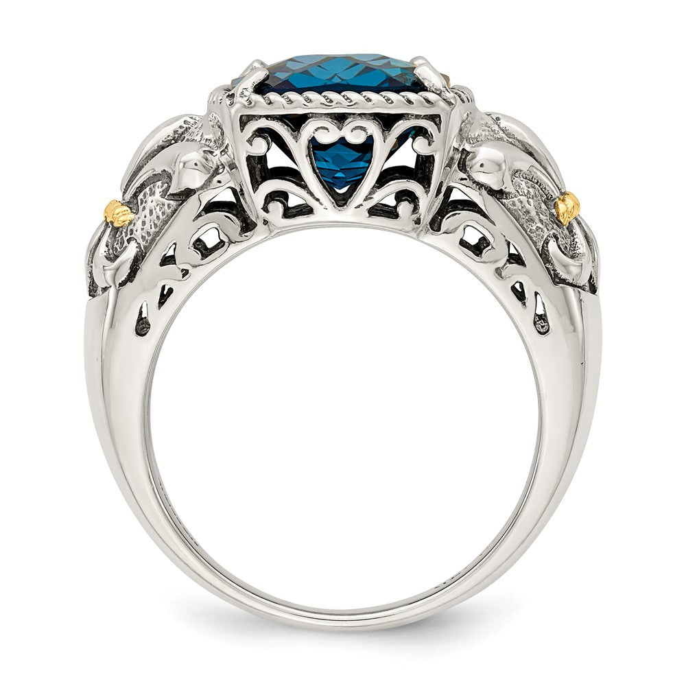 14K/Silver Two Tone Shey Couture Sterling Silver With 14K Accent Antiqued Checkerboard Cushion London Blue Topaz Ring