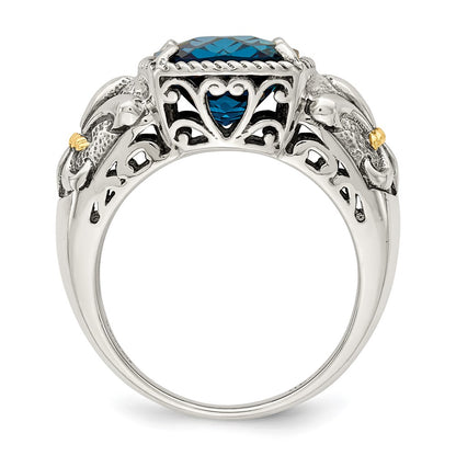 14K/Silver Two Tone Shey Couture Sterling Silver With 14K Accent Antiqued Checkerboard Cushion London Blue Topaz Ring