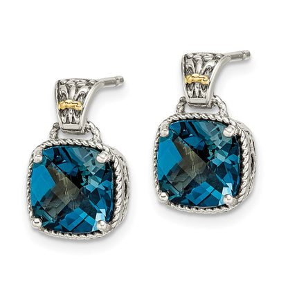 14K/Silver Two Tone Shey Couture Sterling Silver With 14K Accent Antiqued Cushion London Blue Topaz Post Dangle Earrings