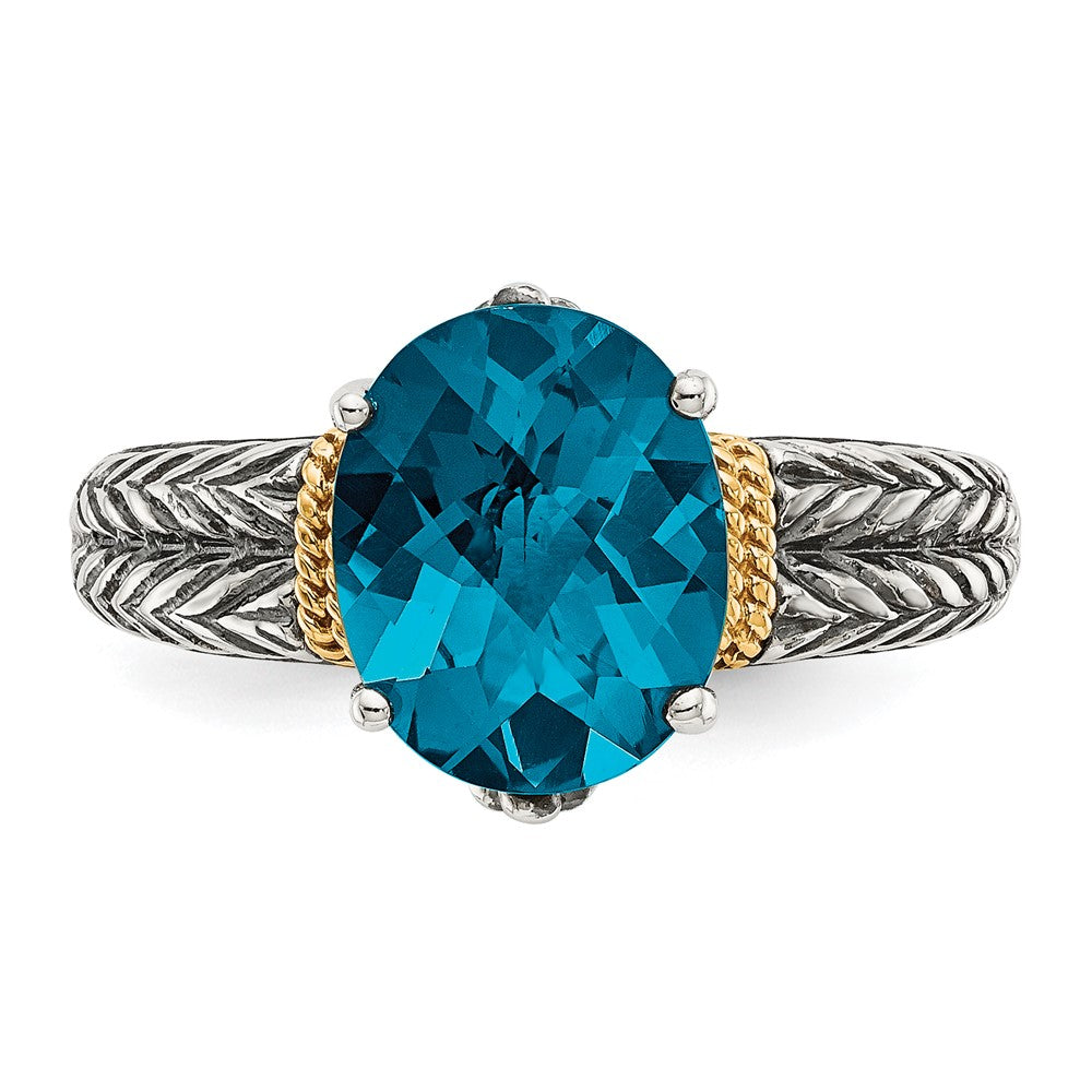 14K/Silver Two Tone Shey Couture Sterling Silver With 14K Accent Antiqued Oval London Blue Topaz Ring
