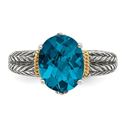 14K/Silver Two Tone Shey Couture Sterling Silver With 14K Accent Antiqued Oval London Blue Topaz Ring