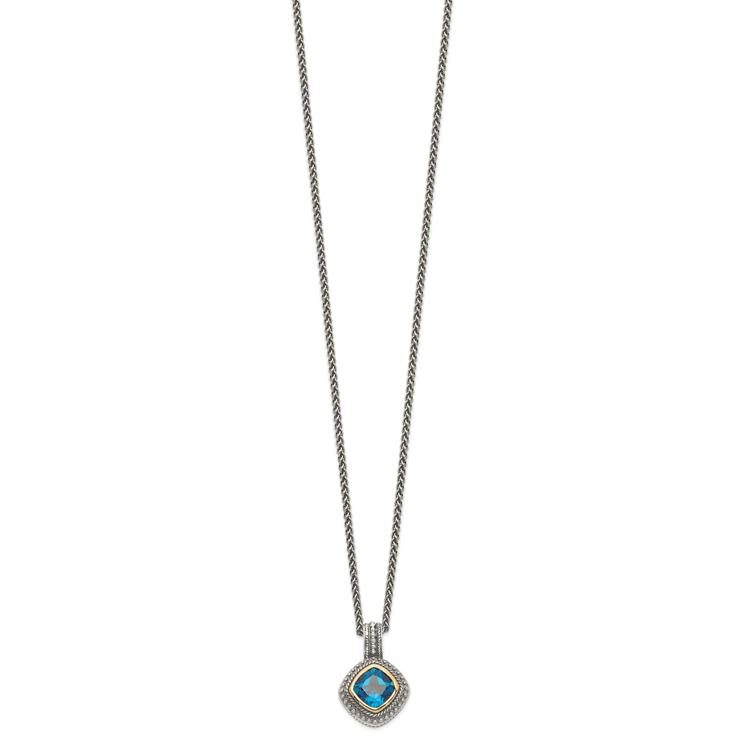 14K/Silver Two Tone Shey Couture Sterling Silver With 14K Accent 18 Inch Antiqued Cushion Bezel London Blue Topaz Necklace