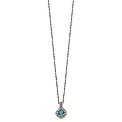 14K/Silver Two Tone Shey Couture Sterling Silver With 14K Accent 18 Inch Antiqued Cushion Bezel London Blue Topaz Necklace