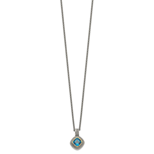 14K/Silver Two Tone Shey Couture Sterling Silver With 14K Accent 18 Inch Antiqued Cushion Bezel London Blue Topaz Necklace