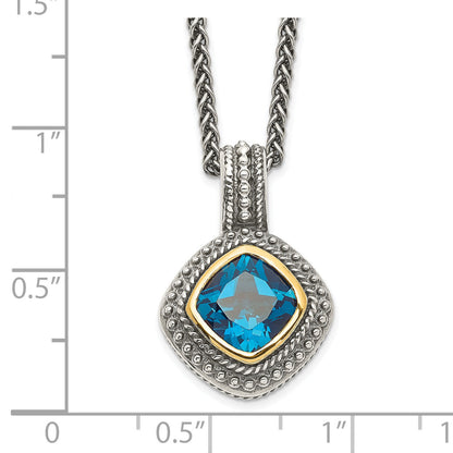 14K/Silver Two Tone Shey Couture Sterling Silver With 14K Accent 18 Inch Antiqued Cushion Bezel London Blue Topaz Necklace