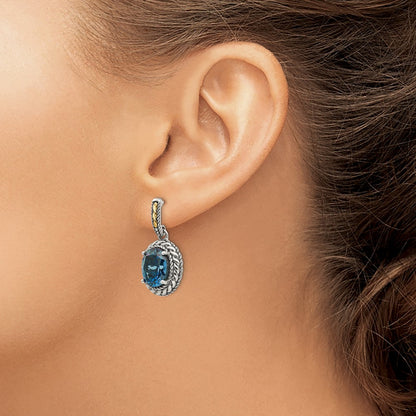 14K/Silver Two Tone Shey Couture Sterling Silver With 14K Accent Antiqued Oval London Blue Topaz Post Dangle Earrings