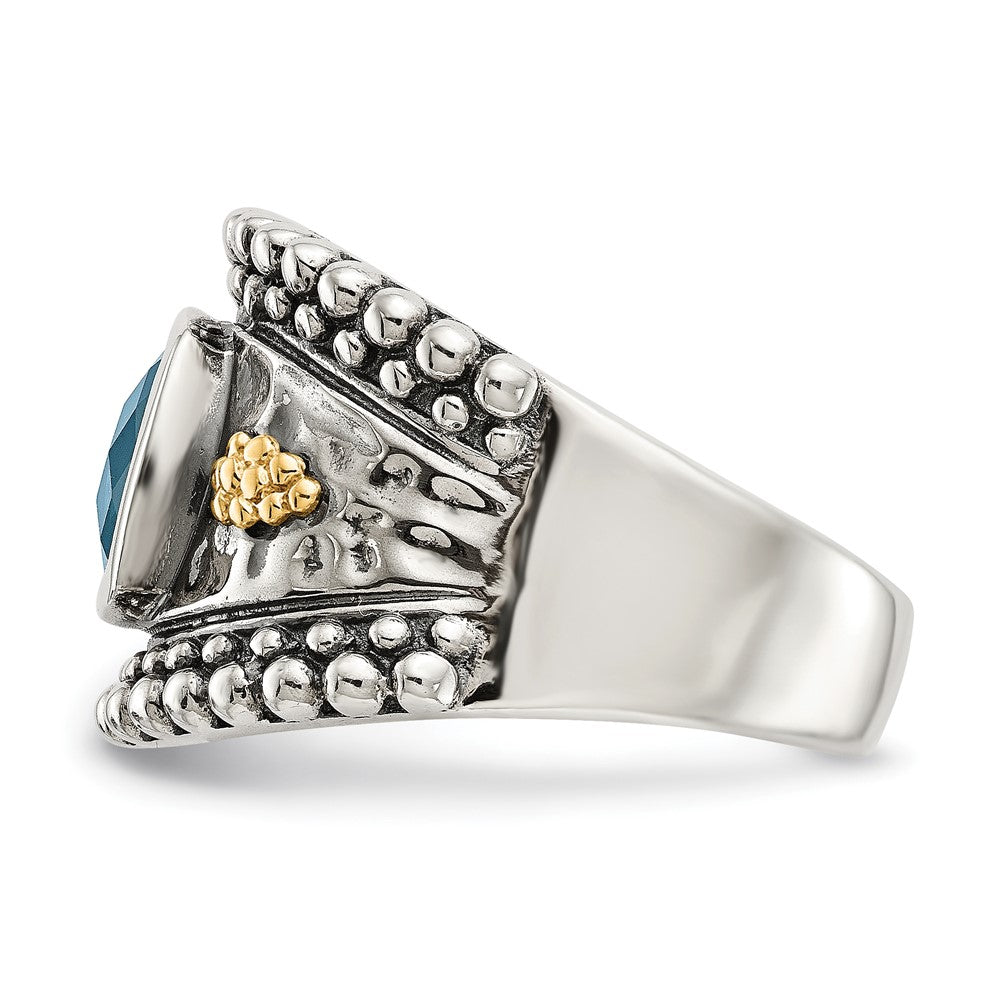 14K/Silver Two Tone Shey Couture Sterling Silver With 14K Accent Antiqued Checkerboard Cushion London Blue Topaz Ring