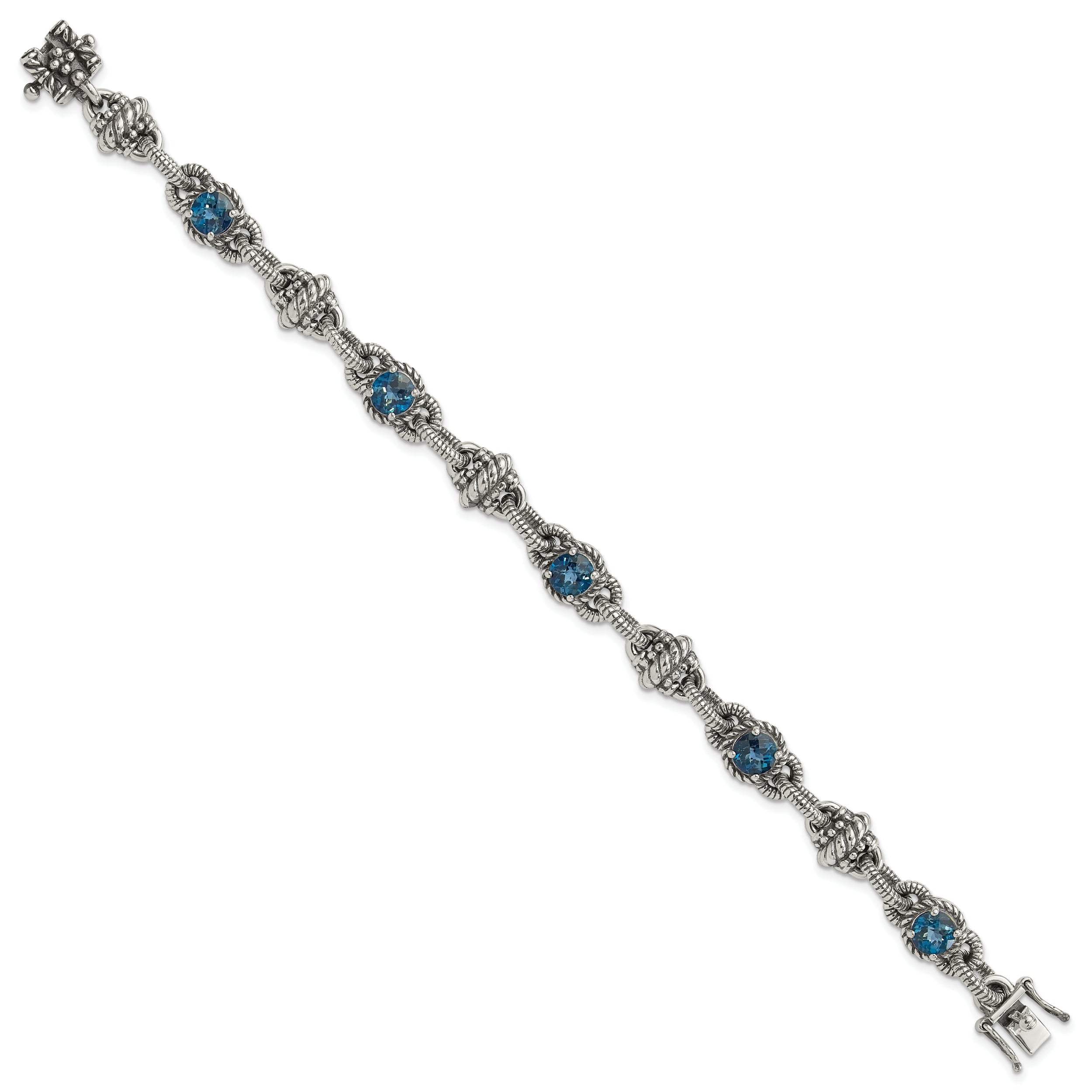 Sterling Silver Shey Couture 7.75 Inch Antiqued Round London Blue Topaz Bracelet