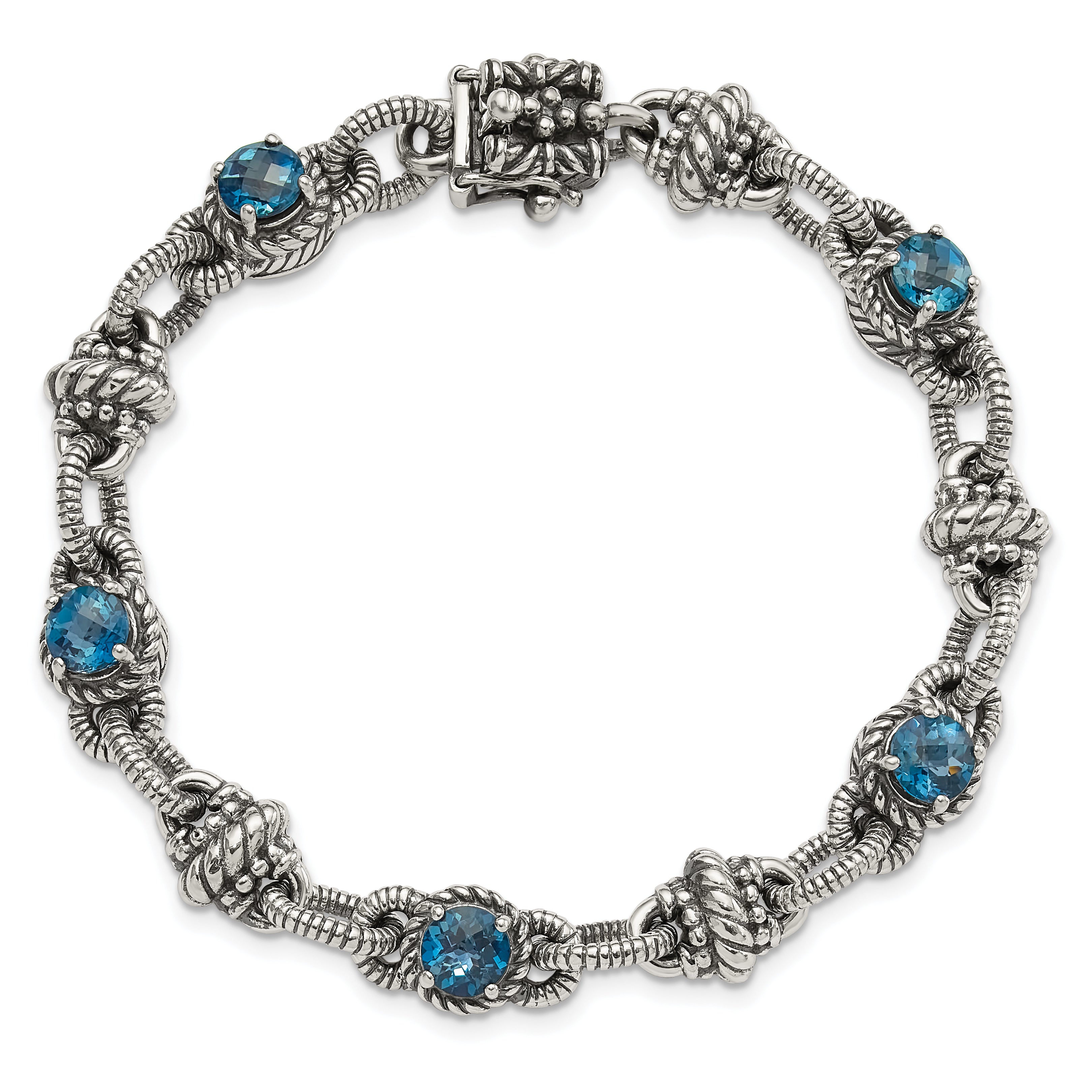 Sterling Silver Shey Couture 7.75 Inch Antiqued Round London Blue Topaz Bracelet