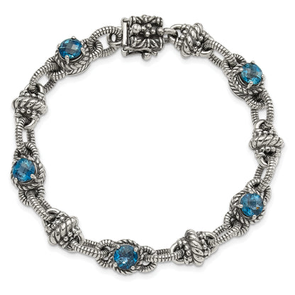 Sterling Silver Shey Couture 7.75 Inch Antiqued Round London Blue Topaz Bracelet