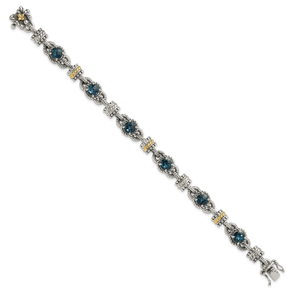 14K/Silver Two Tone Shey Couture Sterling Silver With 14K Accent 7.25 Inch Antiqued Round London Blue Topaz Bracelet