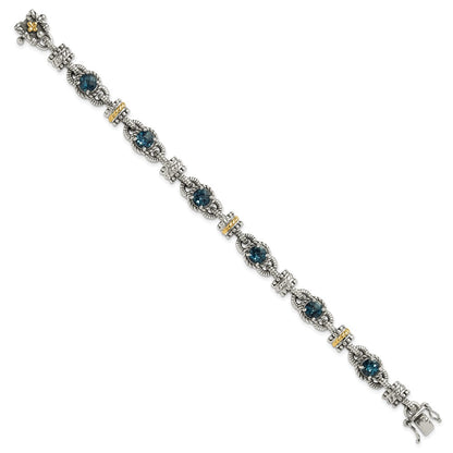 14K/Silver Two Tone Shey Couture Sterling Silver With 14K Accent 7.25 Inch Antiqued Round London Blue Topaz Bracelet