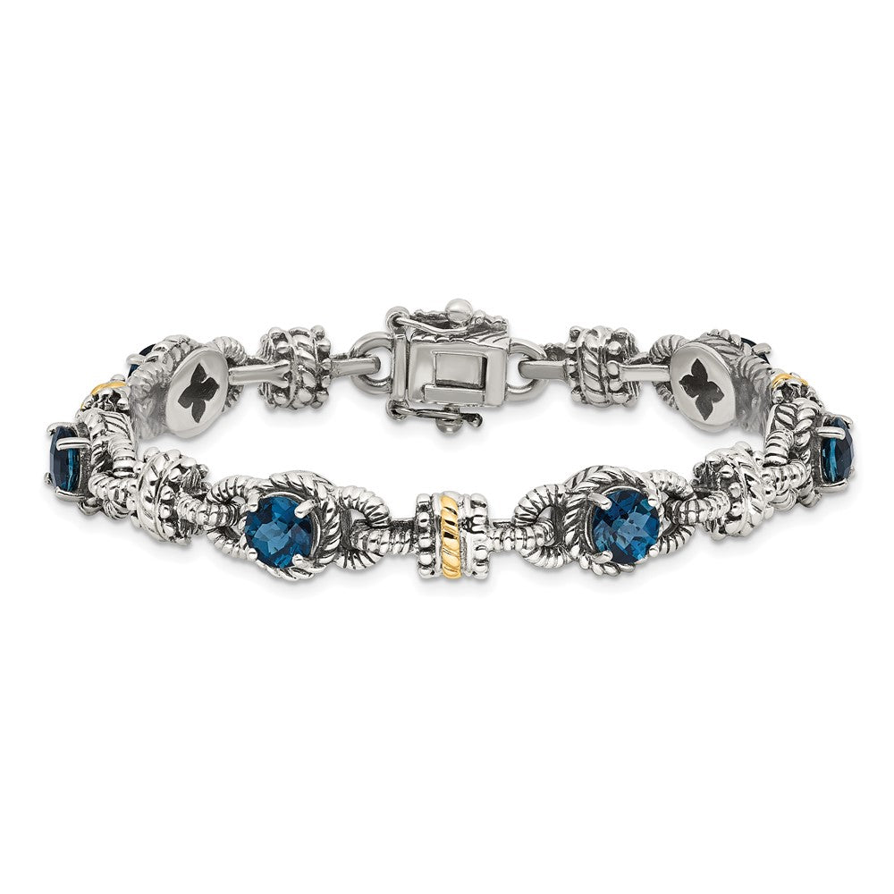 14K/Silver Two Tone Shey Couture Sterling Silver With 14K Accent 7.25 Inch Antiqued Round London Blue Topaz Bracelet