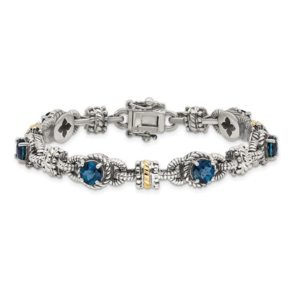 14K/Silver Two Tone Shey Couture Sterling Silver With 14K Accent 7.25 Inch Antiqued Round London Blue Topaz Bracelet