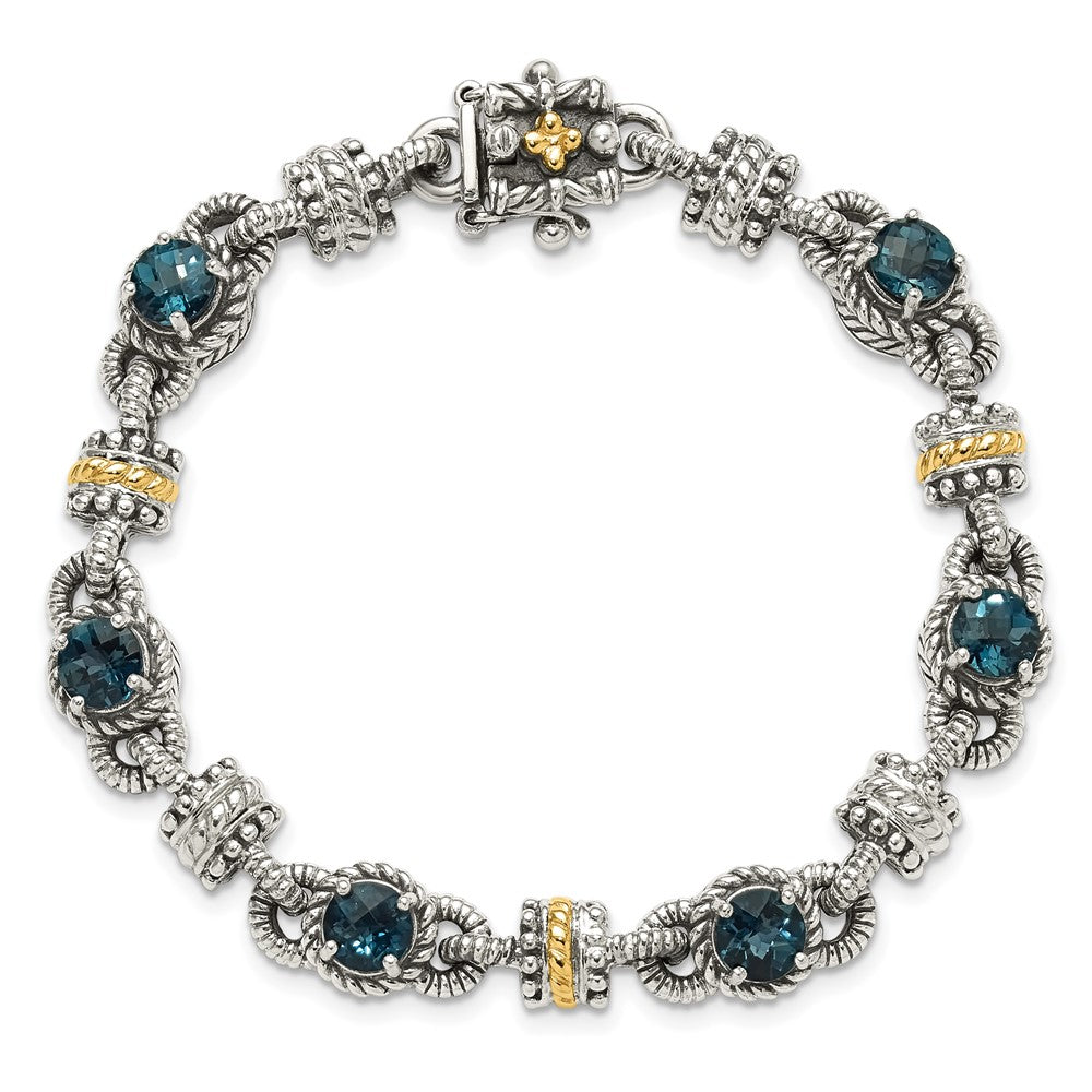 14K/Silver Two Tone Shey Couture Sterling Silver With 14K Accent 7.25 Inch Antiqued Round London Blue Topaz Bracelet