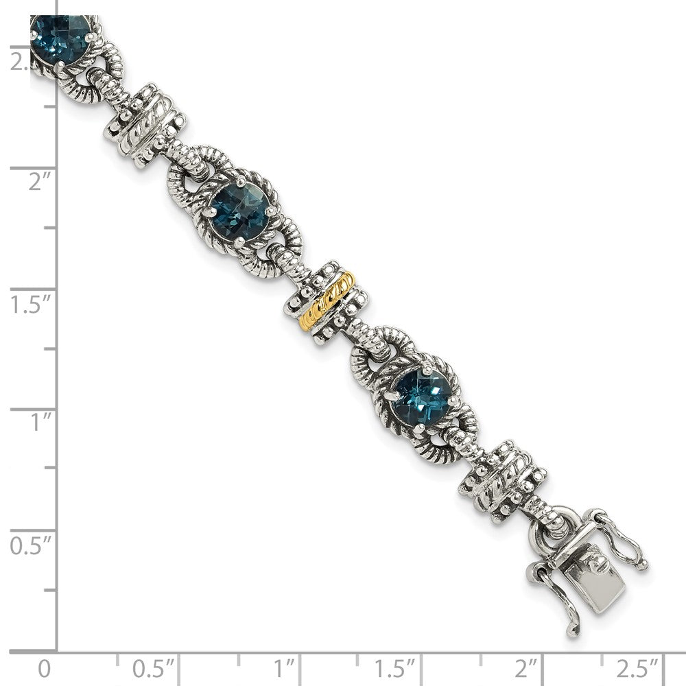 14K/Silver Two Tone Shey Couture Sterling Silver With 14K Accent 7.25 Inch Antiqued Round London Blue Topaz Bracelet