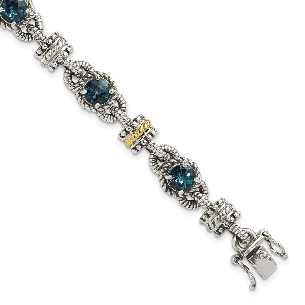 14K/Silver Two Tone Shey Couture Sterling Silver With 14K Accent 7.25 Inch Antiqued Round London Blue Topaz Bracelet