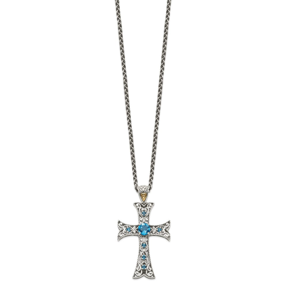 14K/Silver Two Tone Shey Couture Sterling Silver With 14K Accent 18 Inch Antiqued Round London Blue Topaz Cross Necklace