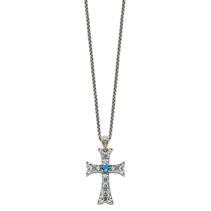 14K/Silver Two Tone Shey Couture Sterling Silver With 14K Accent 18 Inch Antiqued Round London Blue Topaz Cross Necklace