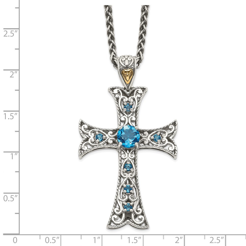14K/Silver Two Tone Shey Couture Sterling Silver With 14K Accent 18 Inch Antiqued Round London Blue Topaz Cross Necklace