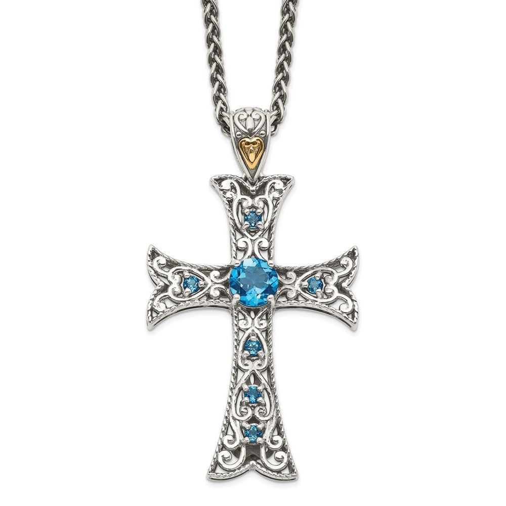 14K/Silver Two Tone Shey Couture Sterling Silver With 14K Accent 18 Inch Antiqued Round London Blue Topaz Cross Necklace