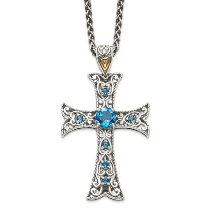 14K/Silver Two Tone Shey Couture Sterling Silver With 14K Accent 18 Inch Antiqued Round London Blue Topaz Cross Necklace