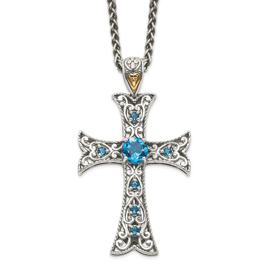 14K/Silver Two Tone Shey Couture Sterling Silver With 14K Accent 18 Inch Antiqued Round London Blue Topaz Cross Necklace