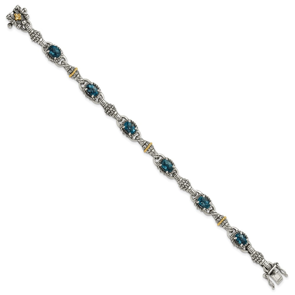 14K/Silver Two Tone Shey Couture Sterling Silver With 14K Accent 7.25 Inch Antiqued Oval London Blue Topaz Bracelet