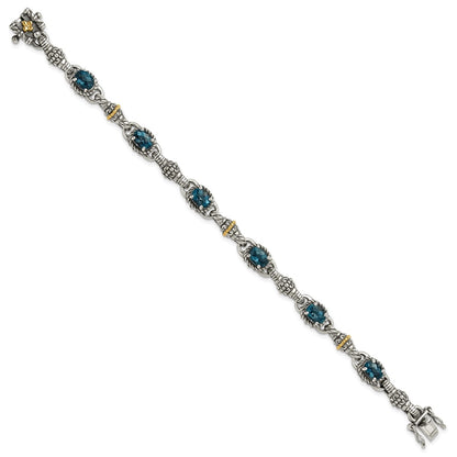 14K/Silver Two Tone Shey Couture Sterling Silver With 14K Accent 7.25 Inch Antiqued Oval London Blue Topaz Bracelet