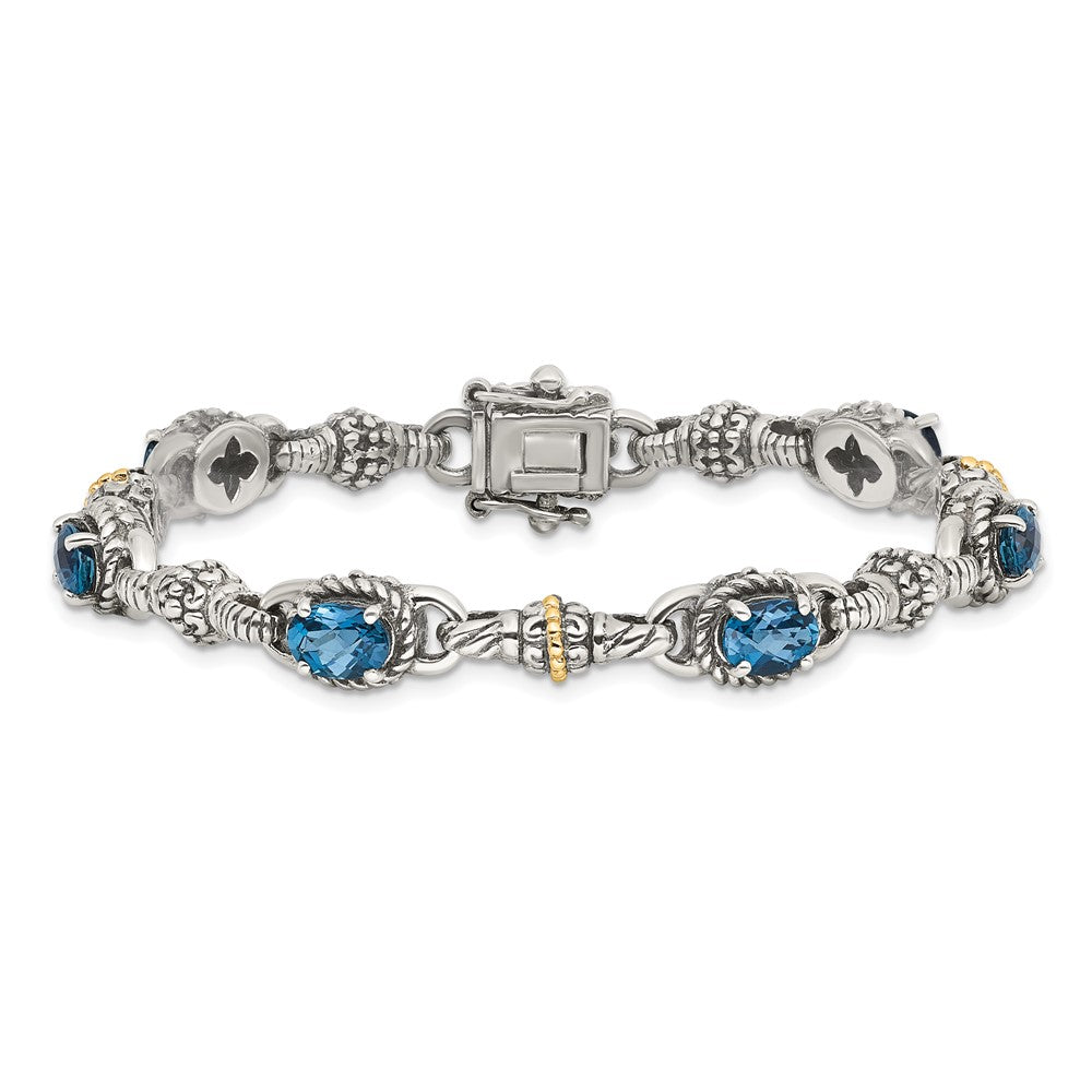 14K/Silver Two Tone Shey Couture Sterling Silver With 14K Accent 7.25 Inch Antiqued Oval London Blue Topaz Bracelet