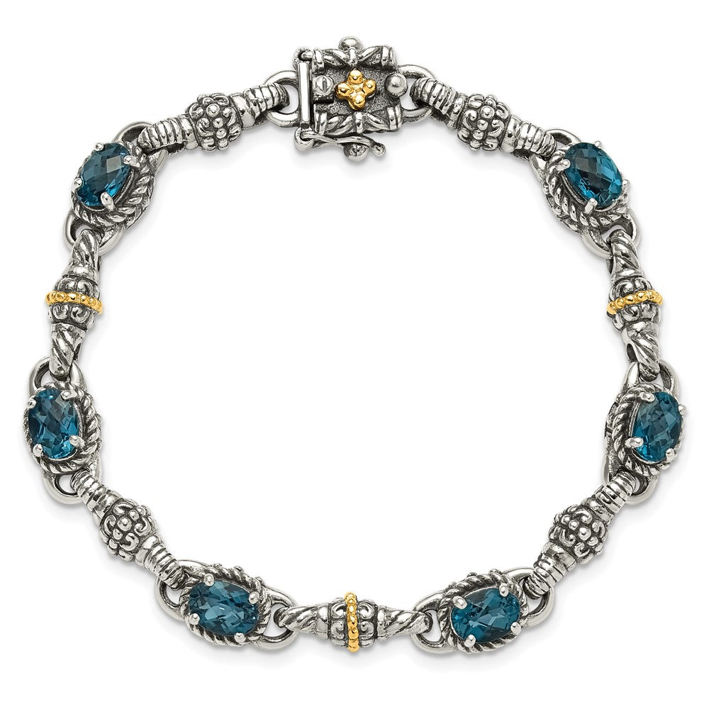 14K/Silver Two Tone Shey Couture Sterling Silver With 14K Accent 7.25 Inch Antiqued Oval London Blue Topaz Bracelet