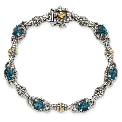14K/Silver Two Tone Shey Couture Sterling Silver With 14K Accent 7.25 Inch Antiqued Oval London Blue Topaz Bracelet