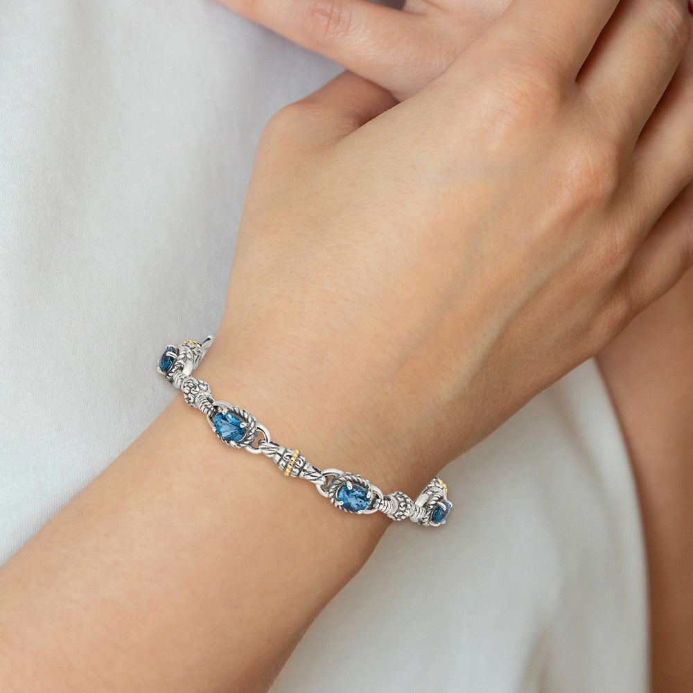 14K/Silver Two Tone Shey Couture Sterling Silver With 14K Accent 7.25 Inch Antiqued Oval London Blue Topaz Bracelet