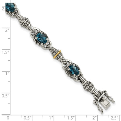 14K/Silver Two Tone Shey Couture Sterling Silver With 14K Accent 7.25 Inch Antiqued Oval London Blue Topaz Bracelet