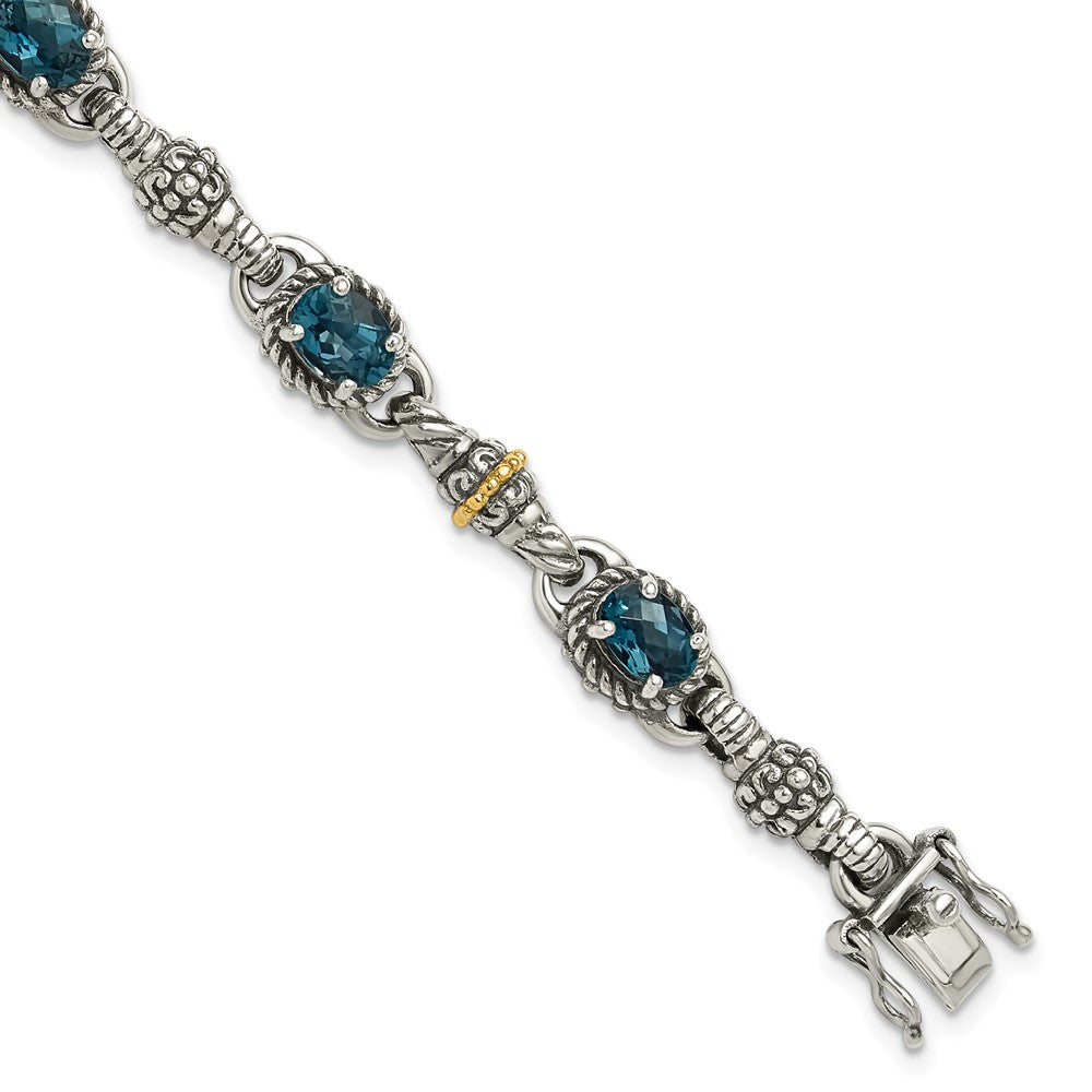 14K/Silver Two Tone Shey Couture Sterling Silver With 14K Accent 7.25 Inch Antiqued Oval London Blue Topaz Bracelet