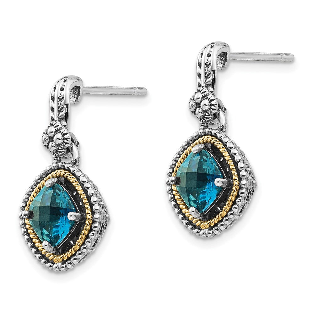 14K/Silver Two Tone Shey Couture Sterling Silver With 14K Accent Antiqued Cushion London Blue Topaz Post Dangle Earrings