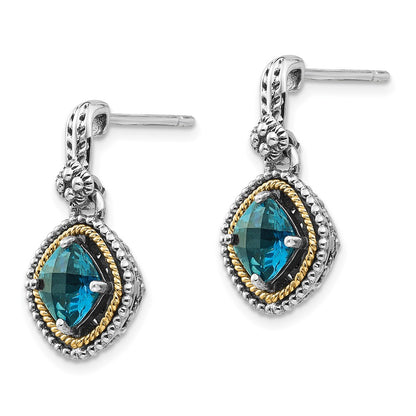 14K/Silver Two Tone Shey Couture Sterling Silver With 14K Accent Antiqued Cushion London Blue Topaz Post Dangle Earrings