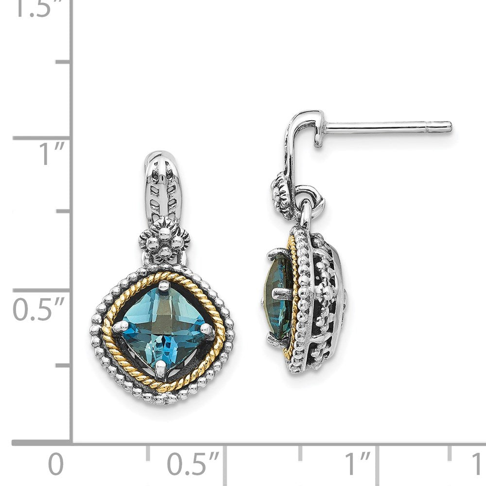14K/Silver Two Tone Shey Couture Sterling Silver With 14K Accent Antiqued Cushion London Blue Topaz Post Dangle Earrings
