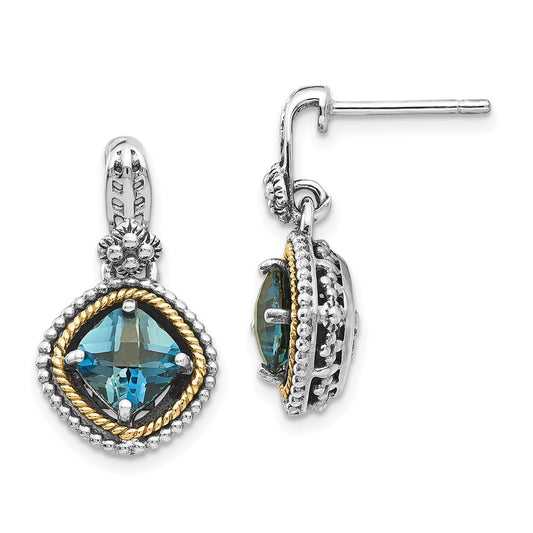 14K/Silver Two Tone Shey Couture Sterling Silver With 14K Accent Antiqued Cushion London Blue Topaz Post Dangle Earrings