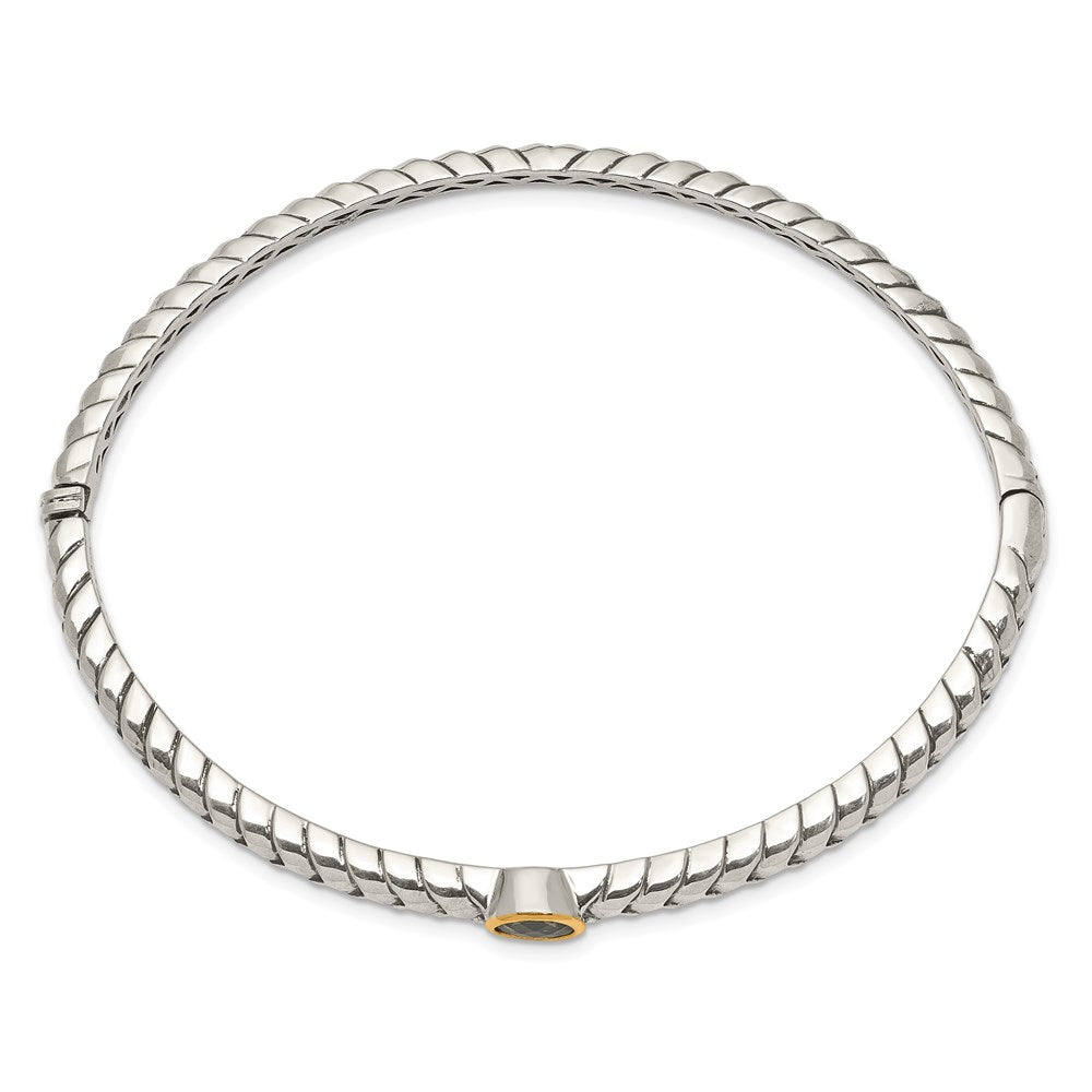 14K/Silver Two Tone Shey Couture Sterling Silver With 14K Accent Peridot Round Bezel Hinged Bangle Bracelet