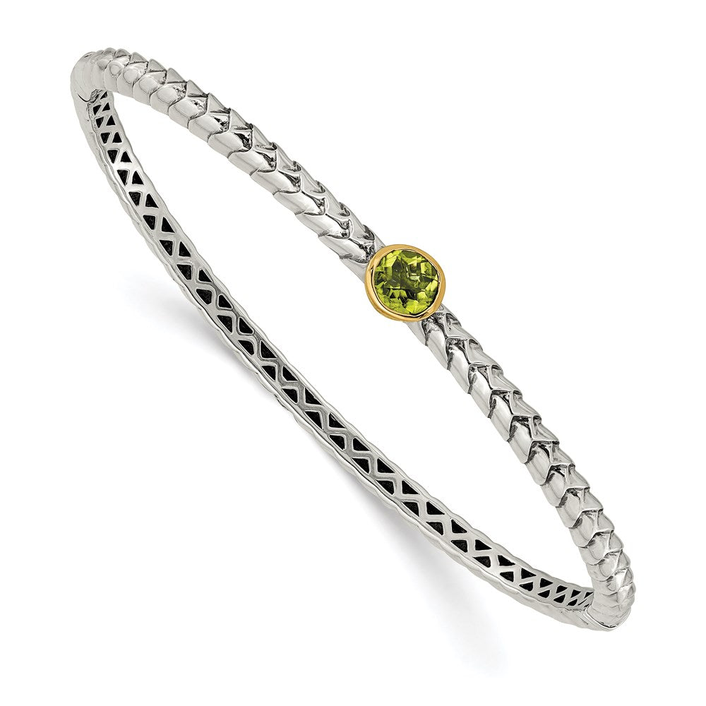 14K/Silver Two Tone Shey Couture Sterling Silver With 14K Accent Peridot Round Bezel Hinged Bangle Bracelet
