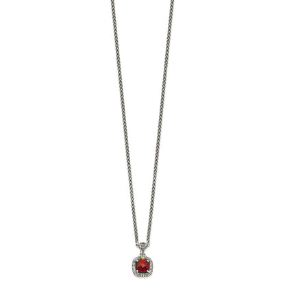 14K/Silver Two Tone Shey Couture Sterling Silver With 14K Accent 18 Inch Antiqued Checkerboard Bezel Garnet Necklace
